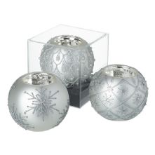 SET OF 3 GLASS BAUBLE STYLE T LIGHT HOLDERS